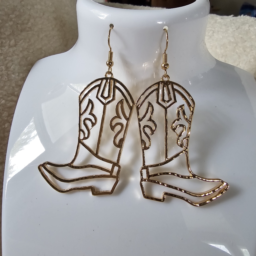 Gold toned cowboy boots cutout dangle earrings western southwestern ranch wear